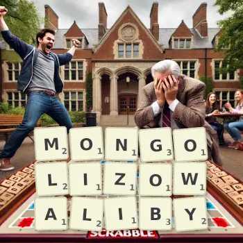 Kreatywna ilustracja do gry w Scrabble ze słowem MONGOLIZOWALIBY ułożonym z płytek na planszy.