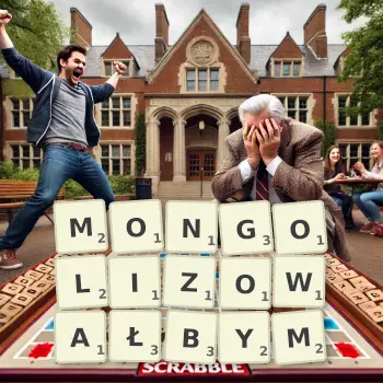 Kreatywna ilustracja do gry w Scrabble ze słowem MONGOLIZOWAŁBYM ułożonym z płytek na planszy.