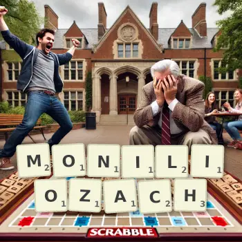 Kreatywna ilustracja do gry w Scrabble ze słowem MONILIOZACH ułożonym z płytek na planszy.