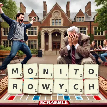 Kreatywna ilustracja do gry w Scrabble ze słowem MONITOROWYCH ułożonym z płytek na planszy.