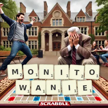 Kreatywna ilustracja do gry w Scrabble ze słowem MONITOWANIE ułożonym z płytek na planszy.