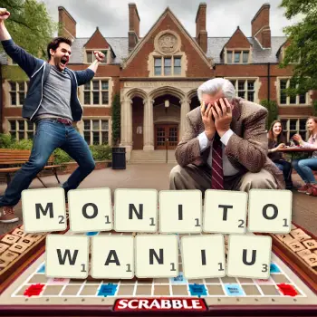 Kreatywna ilustracja do gry w Scrabble ze słowem MONITOWANIU ułożonym z płytek na planszy.