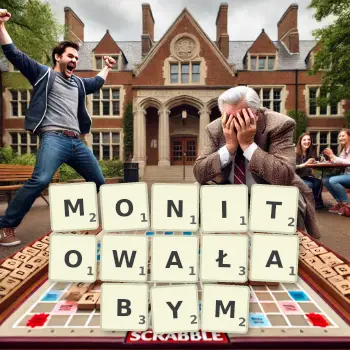 Kreatywna ilustracja do gry w Scrabble ze słowem MONITOWAŁABYM ułożonym z płytek na planszy.