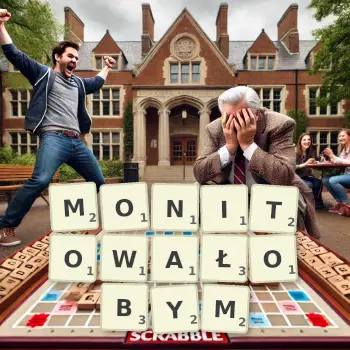 Kreatywna ilustracja do gry w Scrabble ze słowem MONITOWAŁOBYM ułożonym z płytek na planszy.