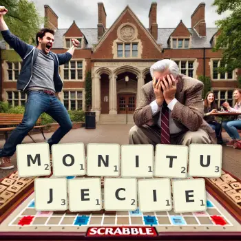 Kreatywna ilustracja do gry w Scrabble ze słowem MONITUJECIE ułożonym z płytek na planszy.