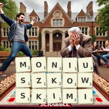 Kreatywna ilustracja do gry w Scrabble ze słowem MONIUSZKOWSKIMI ułożonym z płytek na planszy.