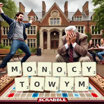 Kreatywna ilustracja do gry w Scrabble ze słowem MONOCYTOWYM ułożonym z płytek na planszy.