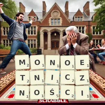 Kreatywna ilustracja do gry w Scrabble ze słowem MONOETNICZNOŚCI ułożonym z płytek na planszy.