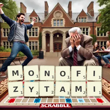Kreatywna ilustracja do gry w Scrabble ze słowem MONOFIZYTAMI ułożonym z płytek na planszy.