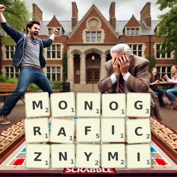 Kreatywna ilustracja do gry w Scrabble ze słowem MONOGRAFICZNYMI ułożonym z płytek na planszy.