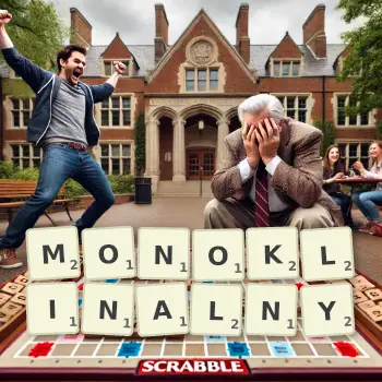 Kreatywna ilustracja do gry w Scrabble ze słowem MONOKLINALNY ułożonym z płytek na planszy.