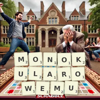 Kreatywna ilustracja do gry w Scrabble ze słowem MONOKULAROWEMU ułożonym z płytek na planszy.