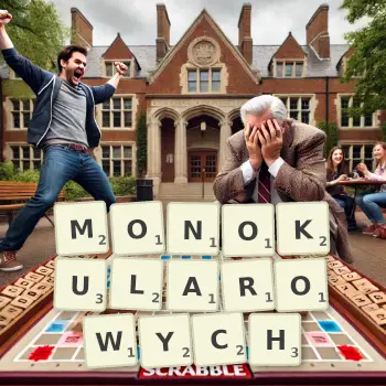 Kreatywna ilustracja do gry w Scrabble ze słowem MONOKULAROWYCH ułożonym z płytek na planszy.