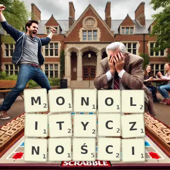 Kreatywna ilustracja do gry w Scrabble ze słowem MONOLITYCZNOŚCI ułożonym z płytek na planszy.