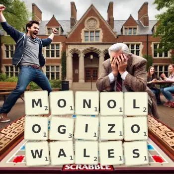 Kreatywna ilustracja do gry w Scrabble ze słowem MONOLOGIZOWALES ułożonym z płytek na planszy.