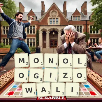 Kreatywna ilustracja do gry w Scrabble ze słowem MONOLOGIZOWALI ułożonym z płytek na planszy.