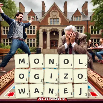 Kreatywna ilustracja do gry w Scrabble ze słowem MONOLOGIZOWANEJ ułożonym z płytek na planszy.