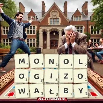 Kreatywna ilustracja do gry w Scrabble ze słowem MONOLOGIZOWAŁBY ułożonym z płytek na planszy.