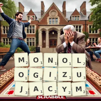 Kreatywna ilustracja do gry w Scrabble ze słowem MONOLOGIZUJACYM ułożonym z płytek na planszy.