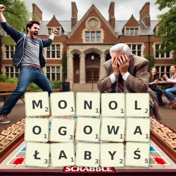 Kreatywna ilustracja do gry w Scrabble ze słowem MONOLOGOWAŁABYŚ ułożonym z płytek na planszy.