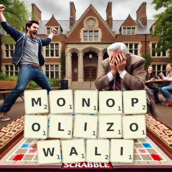 Kreatywna ilustracja do gry w Scrabble ze słowem MONOPOLIZOWALI ułożonym z płytek na planszy.