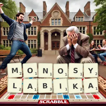 Kreatywna ilustracja do gry w Scrabble ze słowem MONOSYLABIKA ułożonym z płytek na planszy.