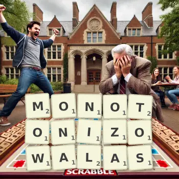 Kreatywna ilustracja do gry w Scrabble ze słowem MONOTONIZOWALAS ułożonym z płytek na planszy.