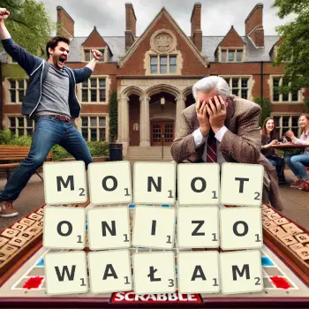 Kreatywna ilustracja do gry w Scrabble ze słowem MONOTONIZOWAŁAM ułożonym z płytek na planszy.