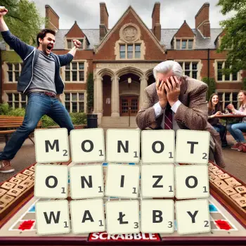 Kreatywna ilustracja do gry w Scrabble ze słowem MONOTONIZOWAŁBY ułożonym z płytek na planszy.