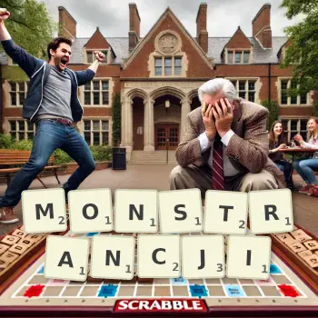 Kreatywna ilustracja do gry w Scrabble ze słowem MONSTRANCJI ułożonym z płytek na planszy.