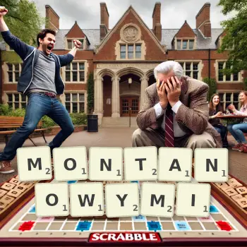 Kreatywna ilustracja do gry w Scrabble ze słowem MONTANOWYMI ułożonym z płytek na planszy.