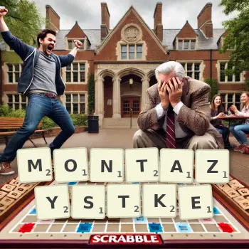 Kreatywna ilustracja do gry w Scrabble ze słowem MONTAZYSTKE ułożonym z płytek na planszy.
