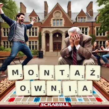 Kreatywna ilustracja do gry w Scrabble ze słowem MONTAŻOWNIA ułożonym z płytek na planszy.