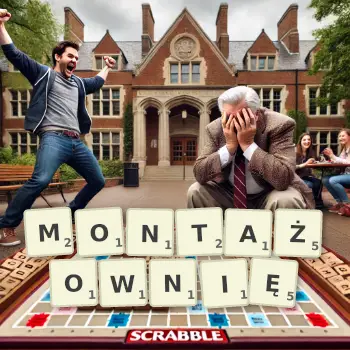 Kreatywna ilustracja do gry w Scrabble ze słowem MONTAŻOWNIĘ ułożonym z płytek na planszy.