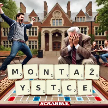 Kreatywna ilustracja do gry w Scrabble ze słowem MONTAŻYSTCE ułożonym z płytek na planszy.