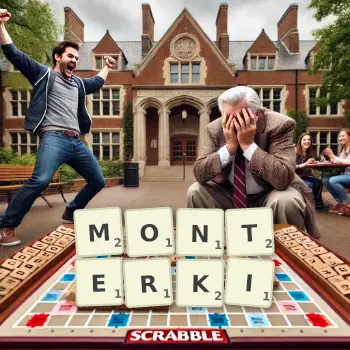 Kreatywna ilustracja do gry w Scrabble ze słowem MONTERKI ułożonym z płytek na planszy.