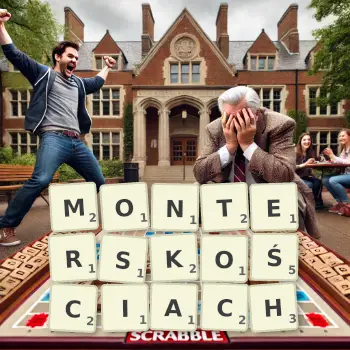 Kreatywna ilustracja do gry w Scrabble ze słowem MONTERSKOŚCIACH ułożonym z płytek na planszy.