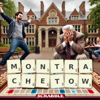 Kreatywna ilustracja do gry w Scrabble ze słowem MONTRACHETOW ułożonym z płytek na planszy.