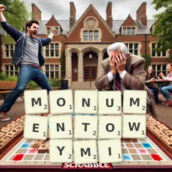 Kreatywna ilustracja do gry w Scrabble ze słowem MONUMENTOWYMI ułożonym z płytek na planszy.