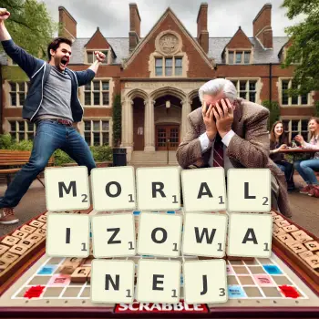 Kreatywna ilustracja do gry w Scrabble ze słowem MORALIZOWANEJ ułożonym z płytek na planszy.
