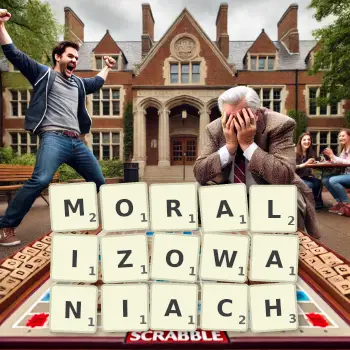Kreatywna ilustracja do gry w Scrabble ze słowem MORALIZOWANIACH ułożonym z płytek na planszy.