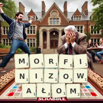 Kreatywna ilustracja do gry w Scrabble ze słowem MORFINIZOWAŁOM ułożonym z płytek na planszy.