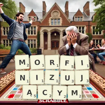Kreatywna ilustracja do gry w Scrabble ze słowem MORFINIZUJĄCYM ułożonym z płytek na planszy.