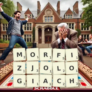 Kreatywna ilustracja do gry w Scrabble ze słowem MORFIZJOLOGIACH ułożonym z płytek na planszy.