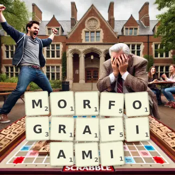 Kreatywna ilustracja do gry w Scrabble ze słowem MORFOGRAFIAMI ułożonym z płytek na planszy.