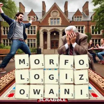 Kreatywna ilustracja do gry w Scrabble ze słowem MORFOLOGIZOWANI ułożonym z płytek na planszy.