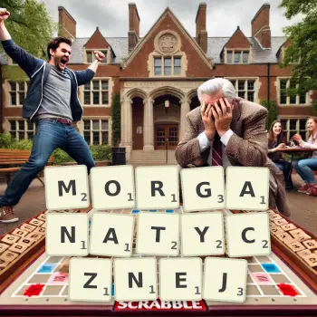 Kreatywna ilustracja do gry w Scrabble ze słowem MORGANATYCZNEJ ułożonym z płytek na planszy.