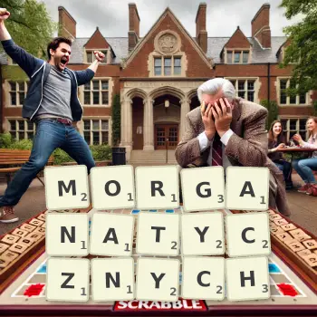 Kreatywna ilustracja do gry w Scrabble ze słowem MORGANATYCZNYCH ułożonym z płytek na planszy.