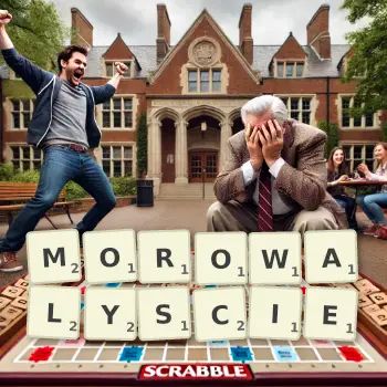 Kreatywna ilustracja do gry w Scrabble ze słowem MOROWALYSCIE ułożonym z płytek na planszy.