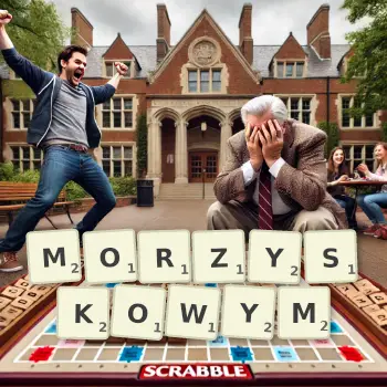 Kreatywna ilustracja do gry w Scrabble ze słowem MORZYSKOWYM ułożonym z płytek na planszy.
